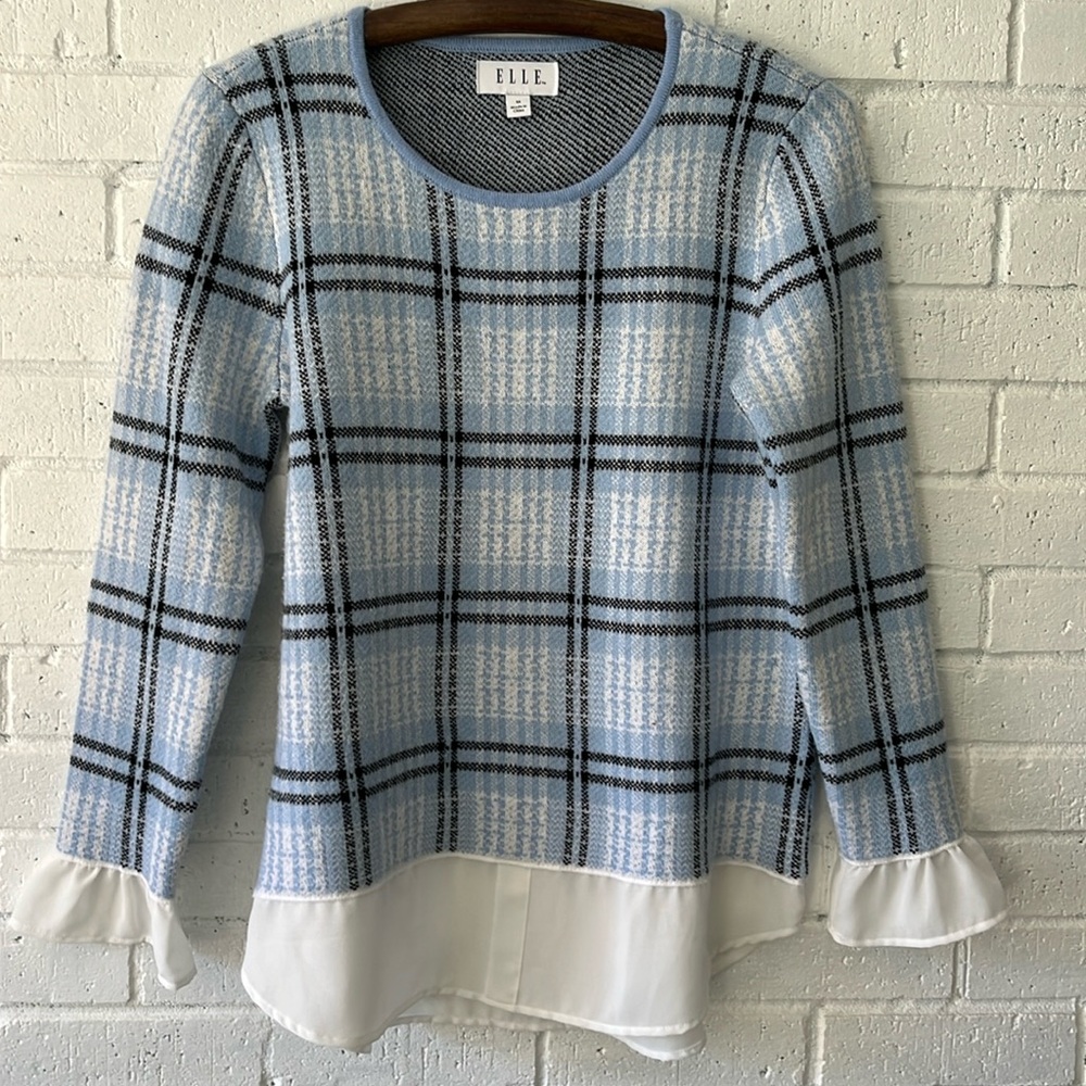 ELLE Plaid Knit Top Sweater Sz M Long Sleeves/Ruffled Cuffs Layered Shirttail.